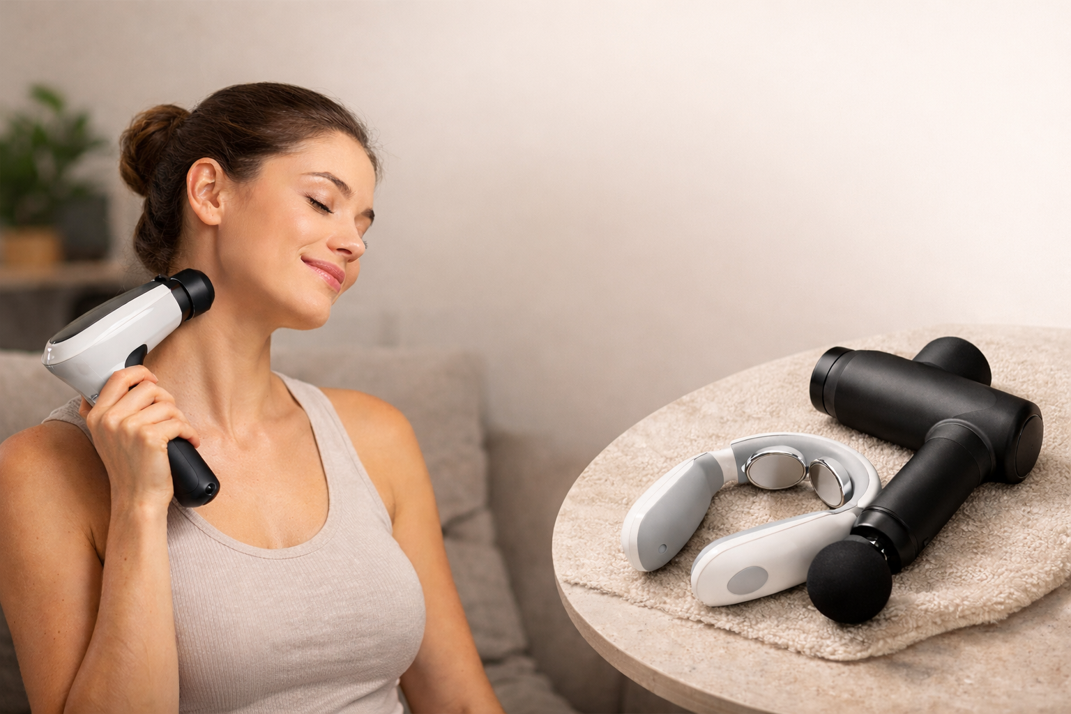 Woman using a handheld massager with massage guns on a table in the background1621243260e1af0c20-2