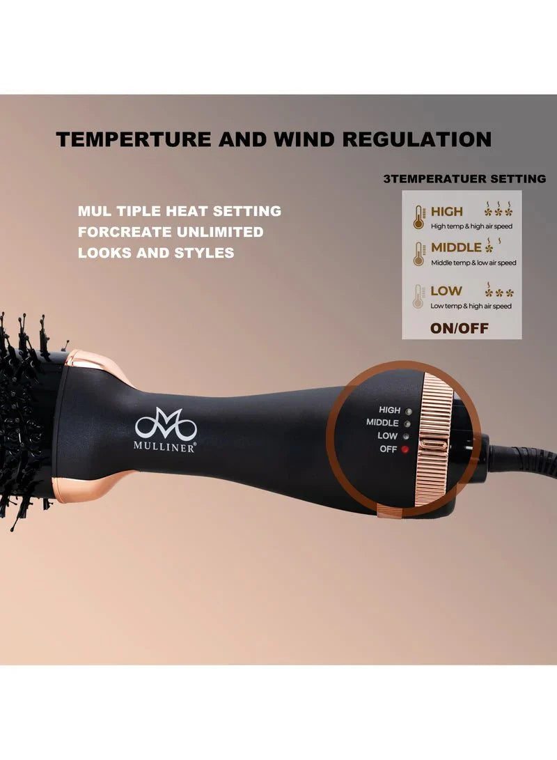 Black hair styling tool with rose gold accents on a beige background